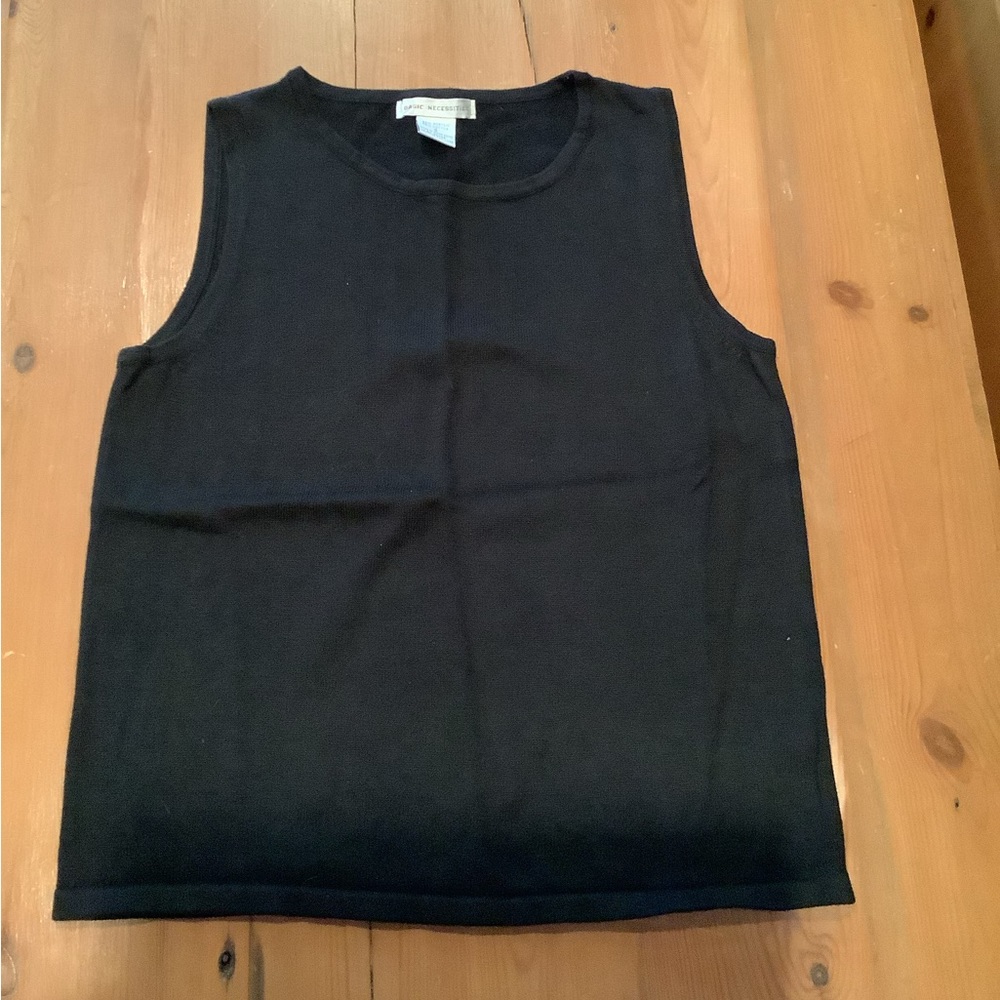 BASIC NECESSITIES.SOLID BLACK CREWNECK, SLEEVELESS TANK TOP. SMALL